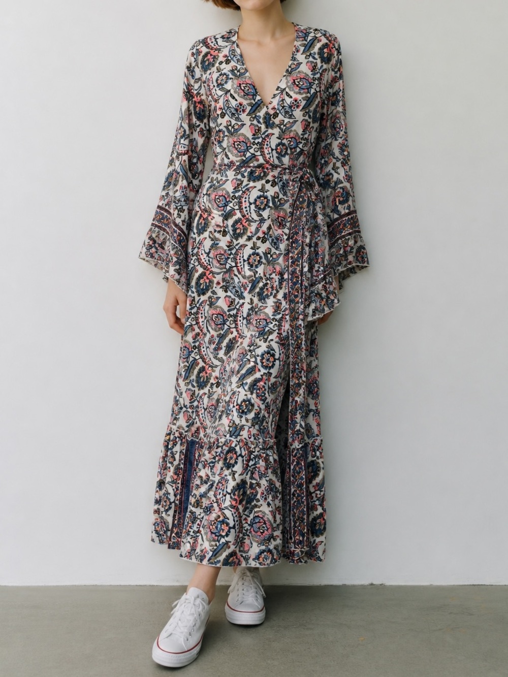 Karma Nepal Crafts Silk Paisley Print Long Kimono Wrap Maxi Dress Free Size